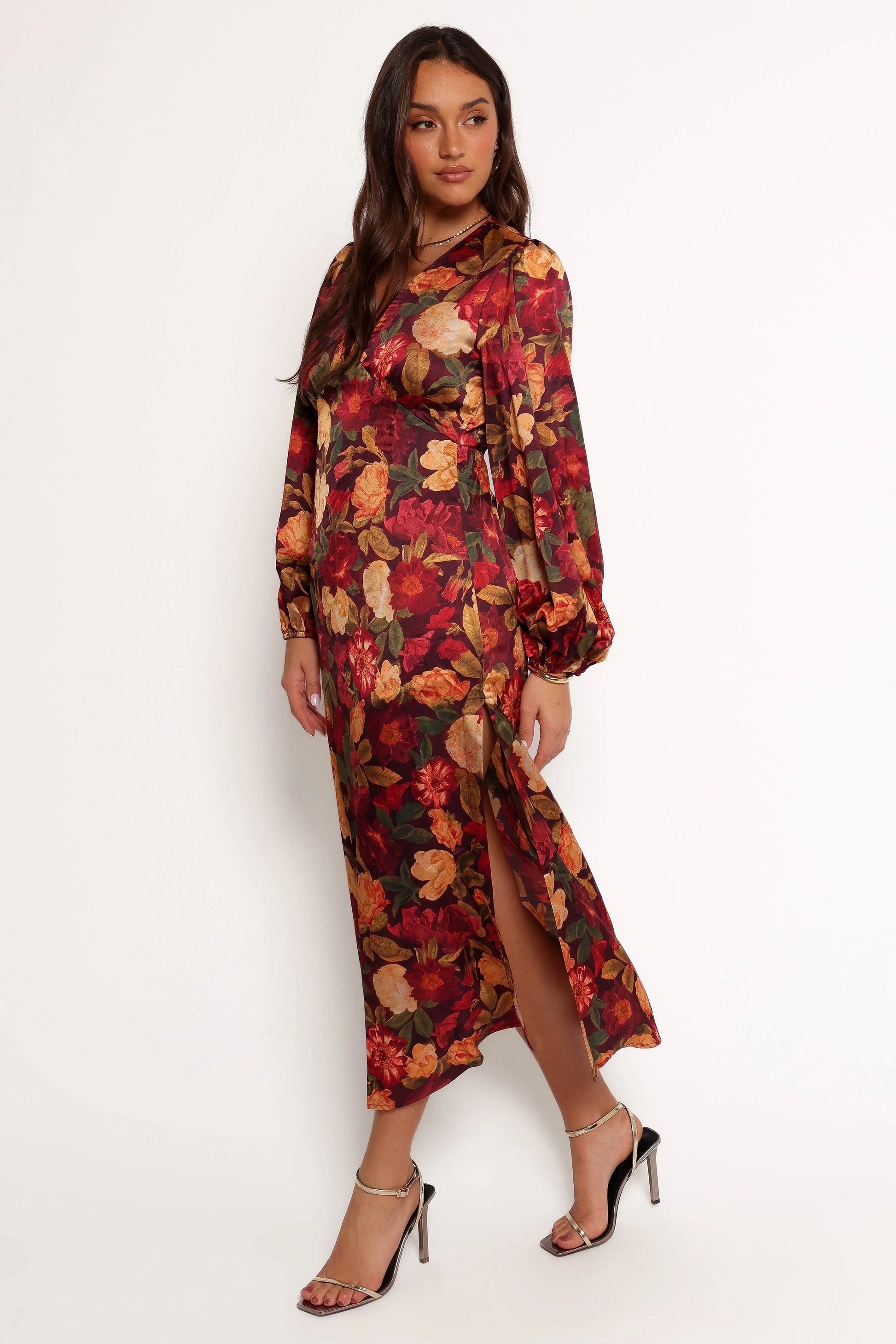 Satin-Sheen Floral V-Neck Long-Sleeve Maxi Dress