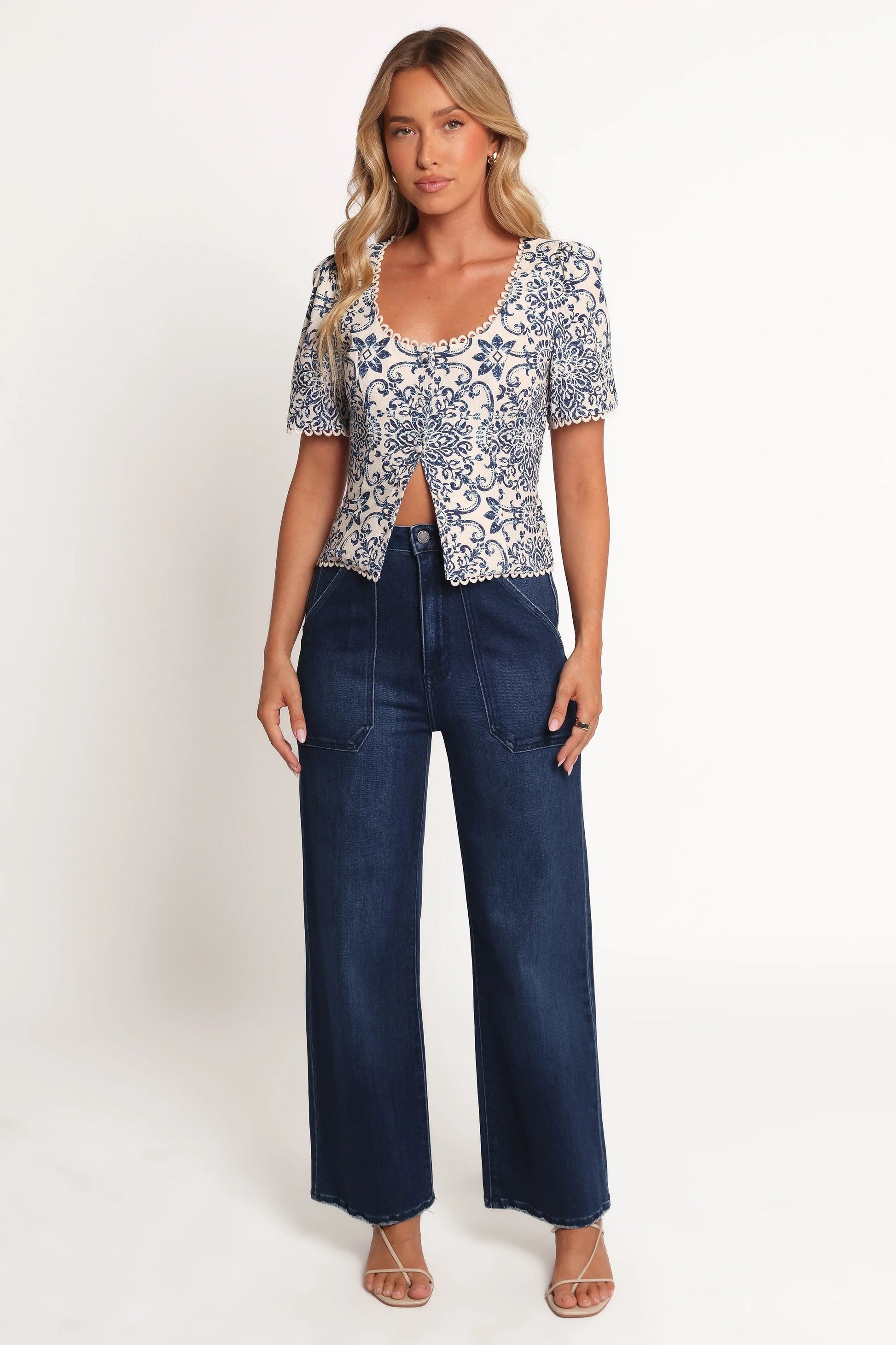 Scallop-Trim Tie-Waist Square-Neck Top