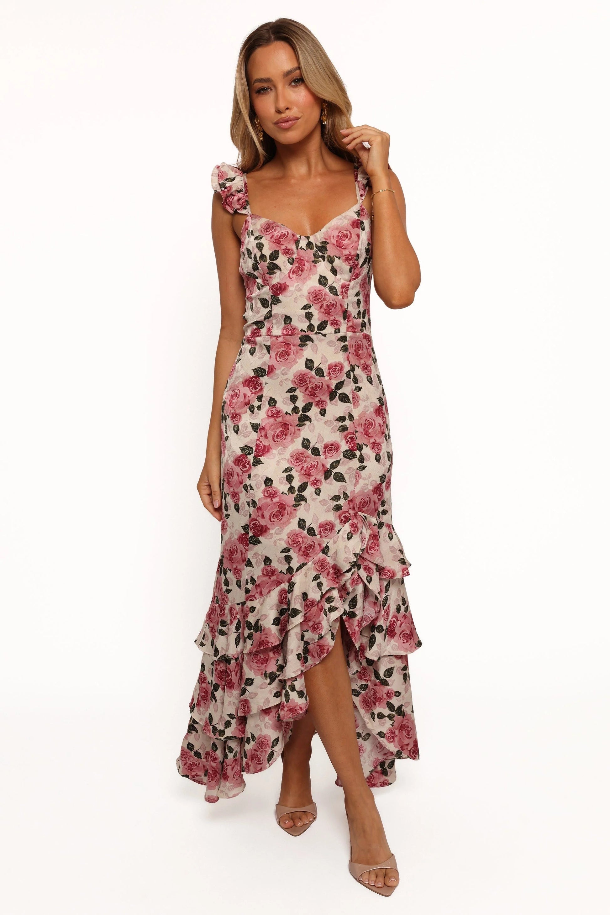 Side-Slit Ruffle Floral Maxi Dress
