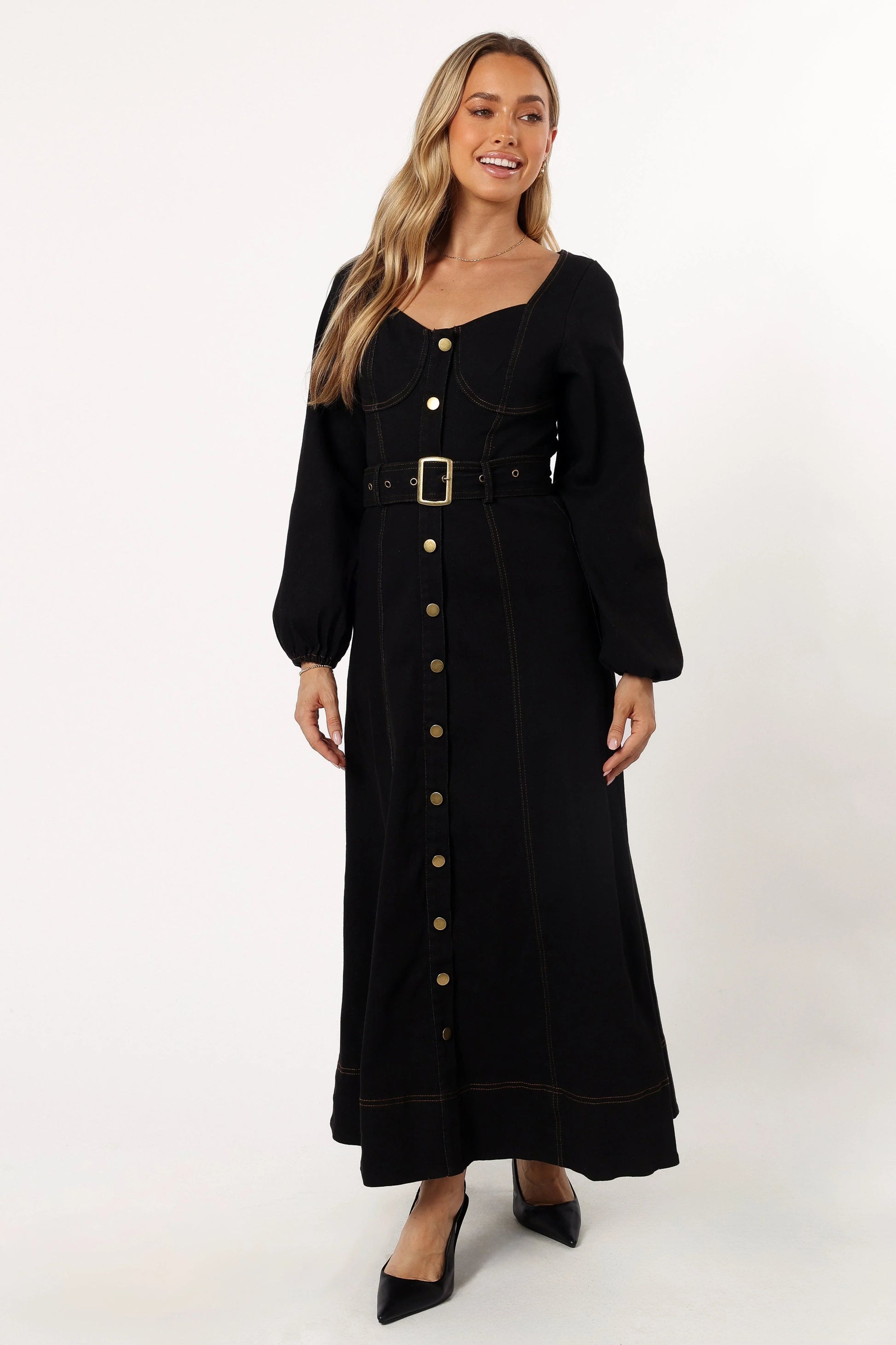 Sweetheart Long-Sleeve Denim Maxi Dress