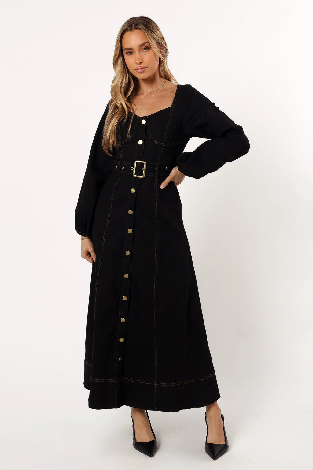 Sweetheart Long-Sleeve Denim Maxi Dress