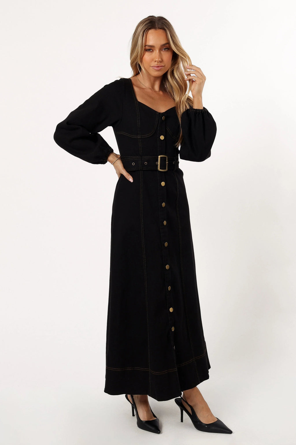 Sweetheart Long-Sleeve Denim Maxi Dress