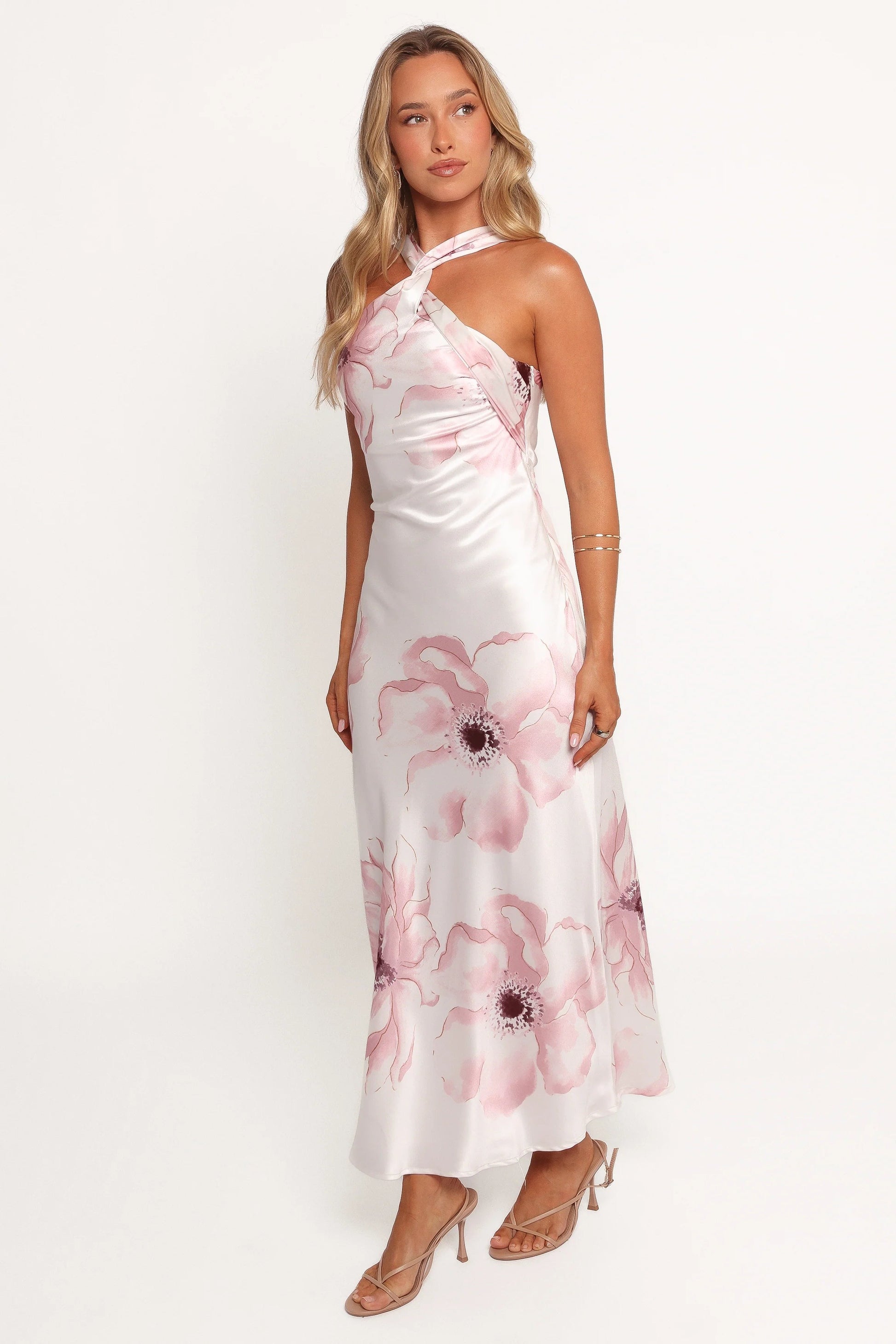 Twist-Halter Floral Satin Maxi Dress