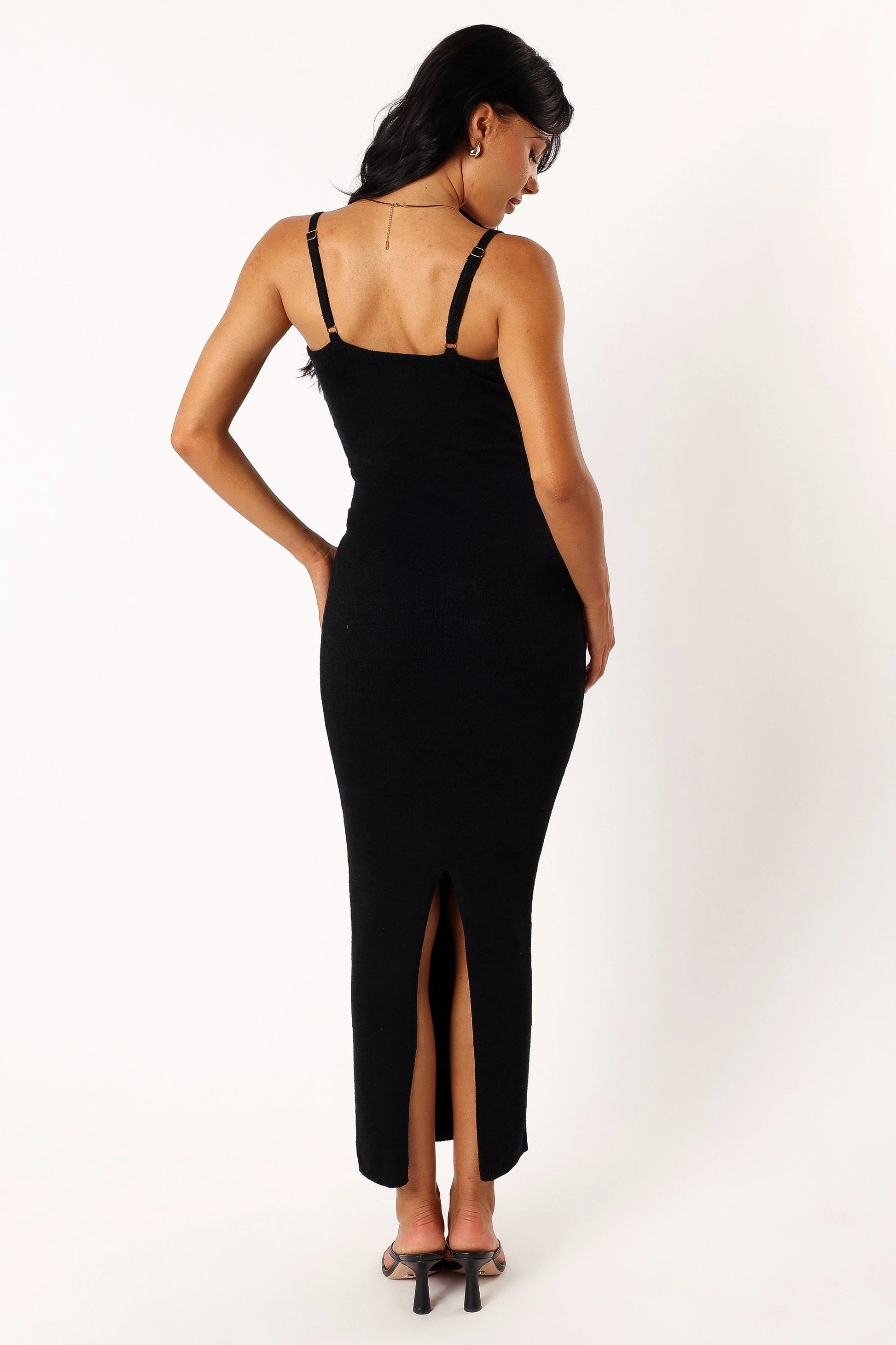 Wood-Bead Cut-Out Strap Midi Knit Dress