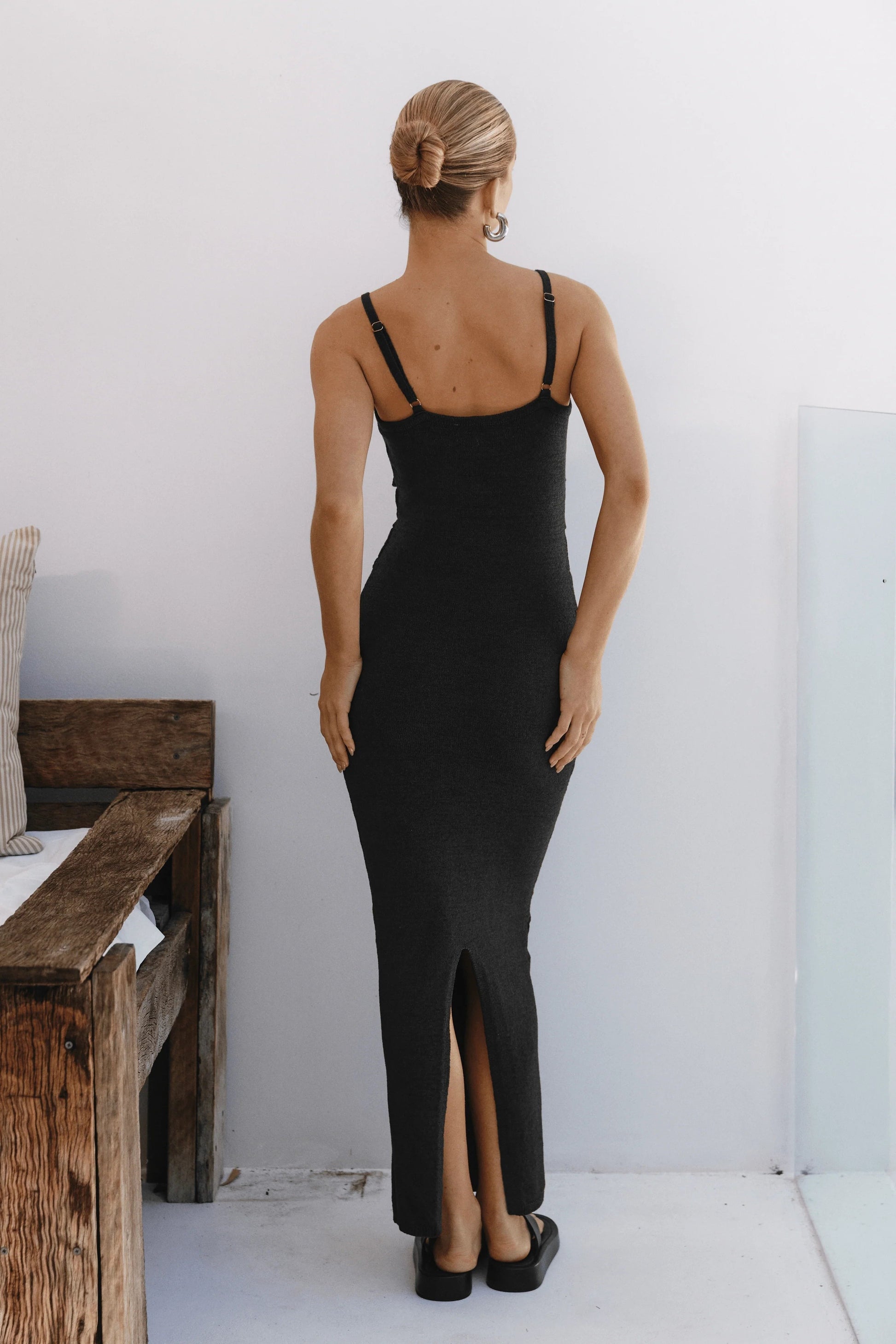 Wood-Bead Cut-Out Strap Midi Knit Dress