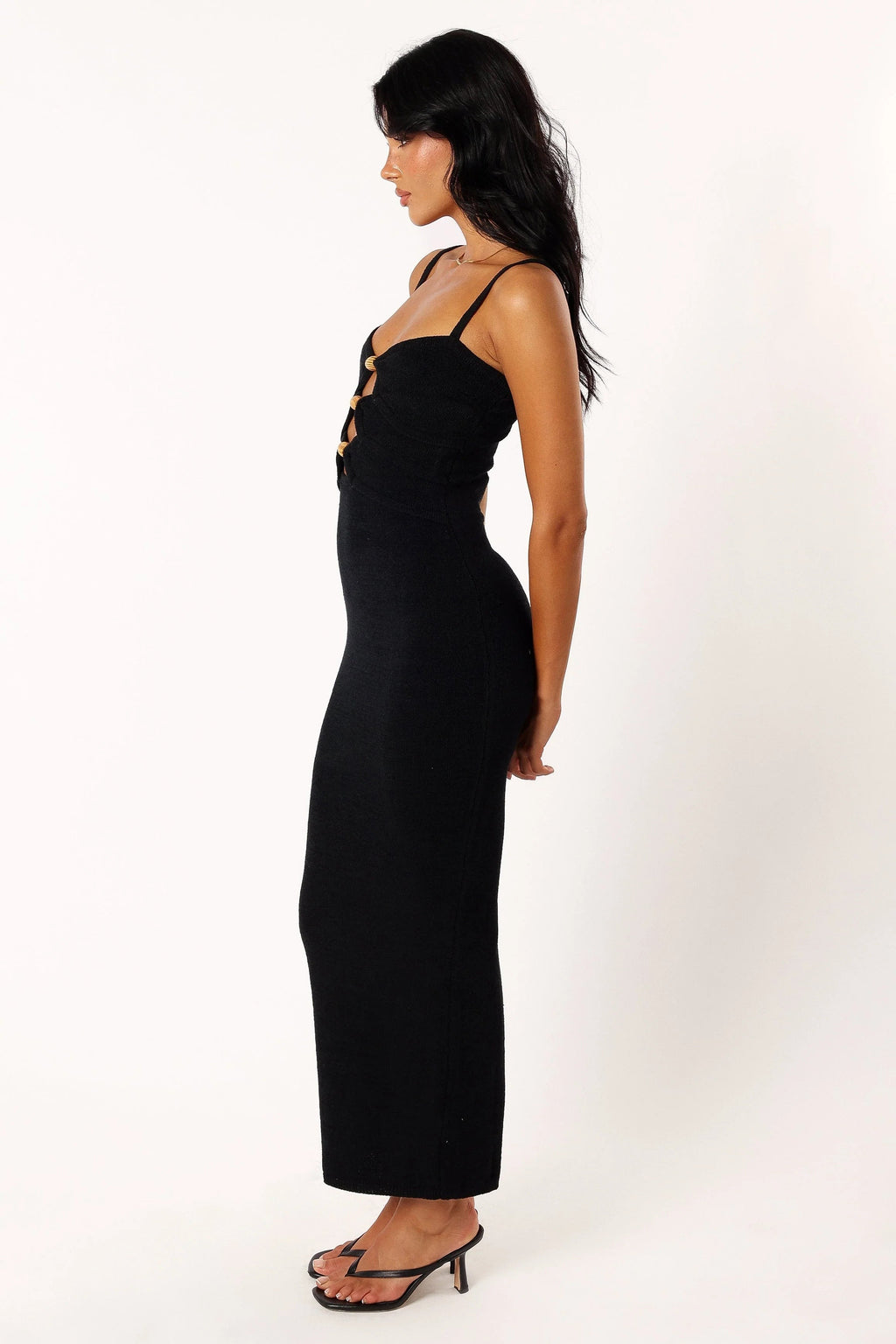 Wood-Bead Cut-Out Strap Midi Knit Dress