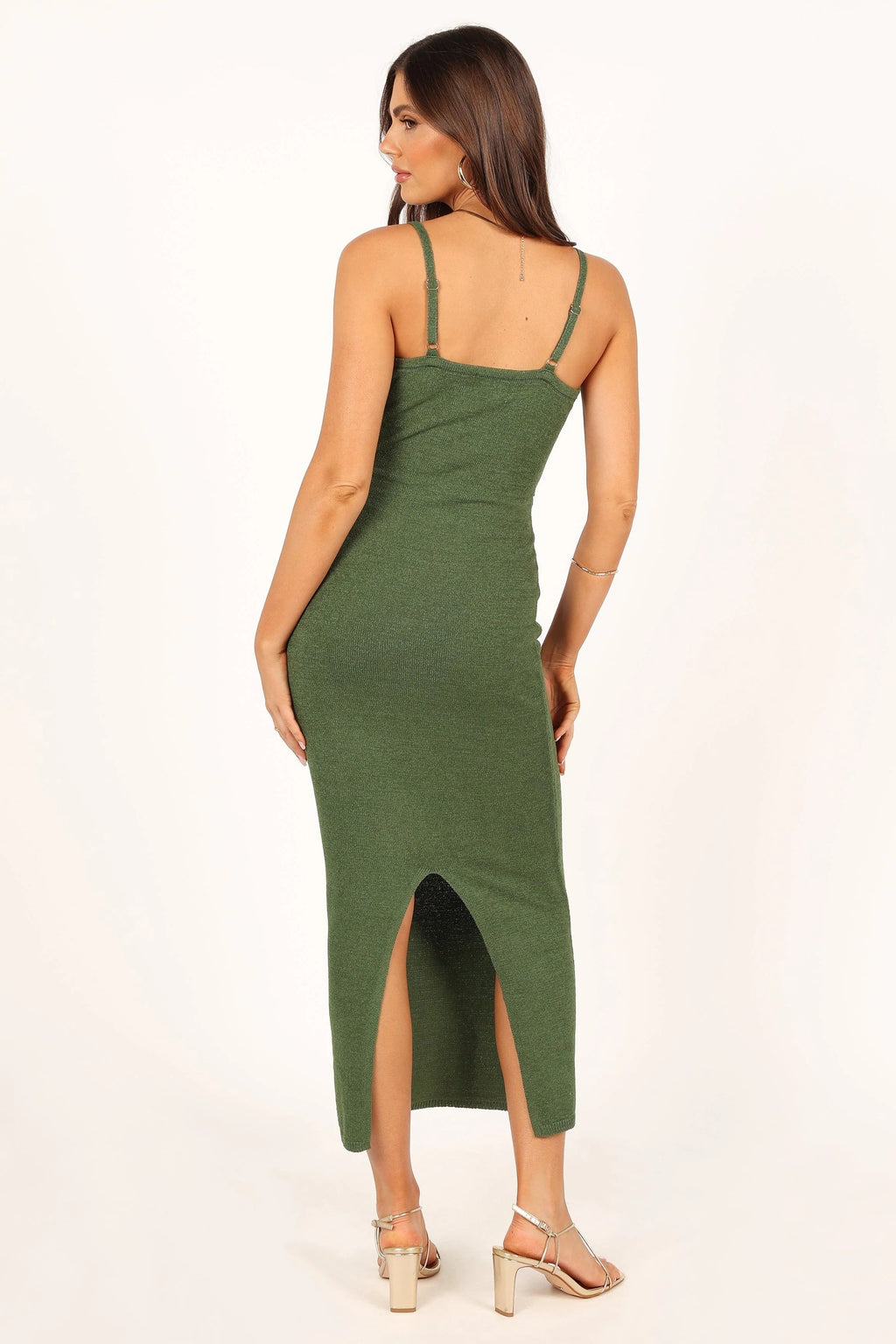 Wood-Bead Cut-Out Strap Midi Knit Dress