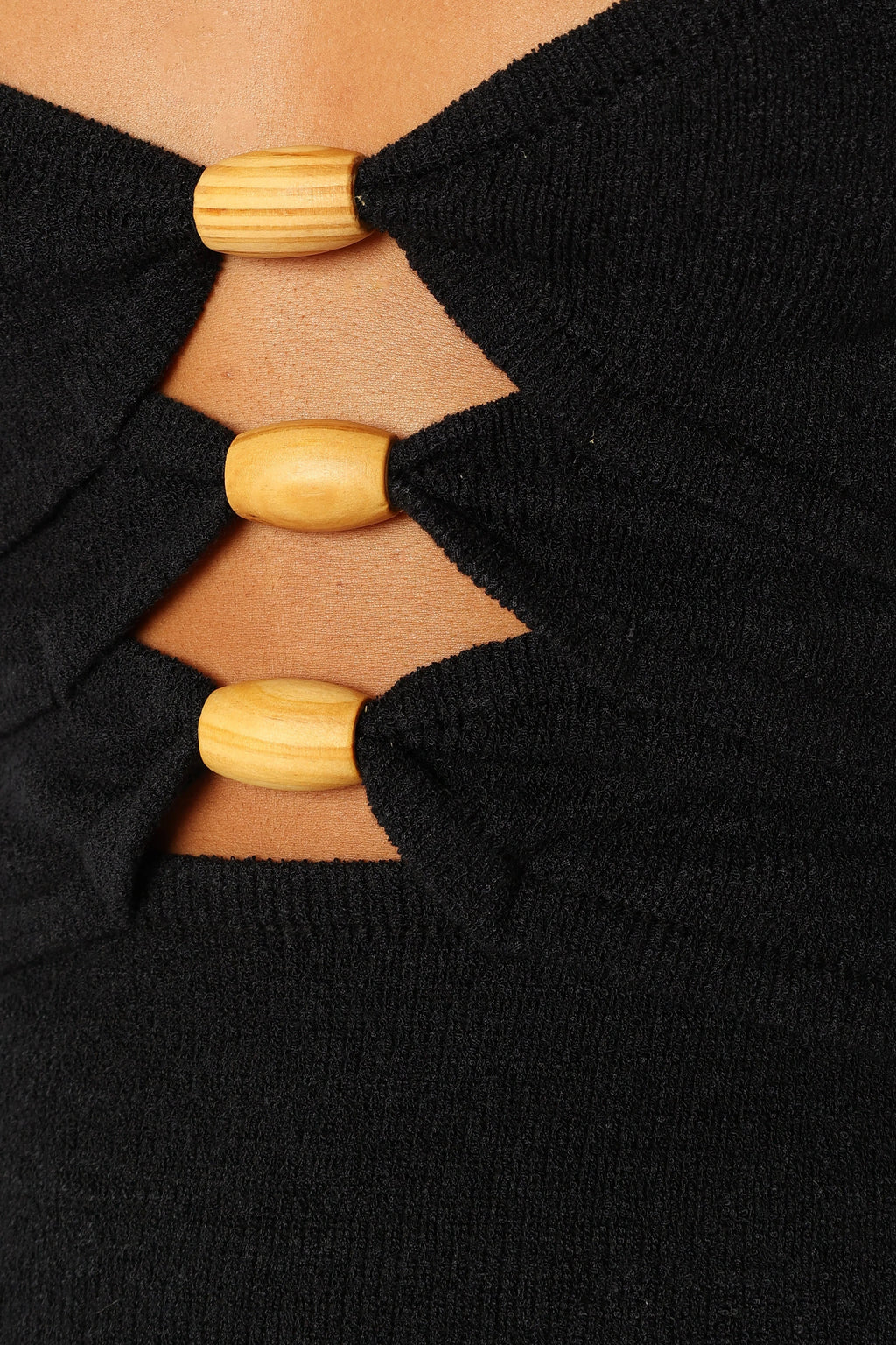 Wood-Bead Cut-Out Strap Midi Knit Dress